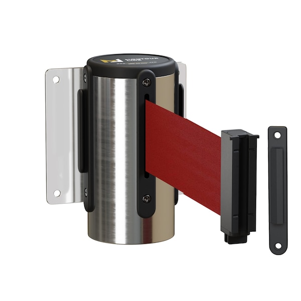 Montour Line Retr. Belt Barrier Wall Mnt Pol. Stainless Case Fxd, 8.5' Maroon Belt MWM100-PS-MN-F-S-85 - main